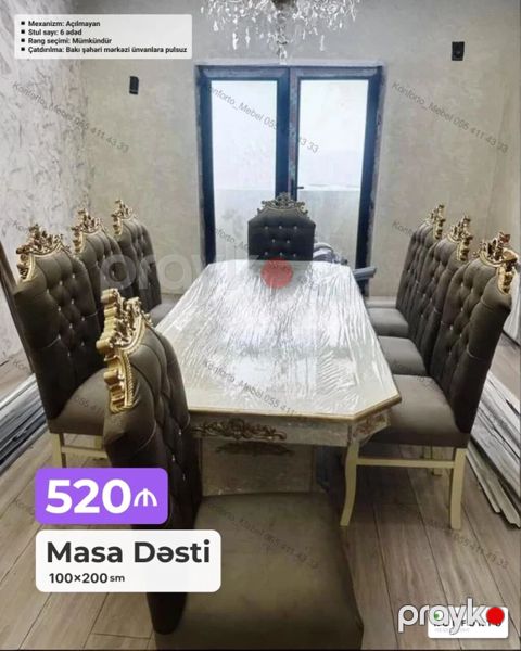 Masa Dəsti – 100×200 sm - Klassik dizaynlı, dekorativ oyma detallı — Bakı