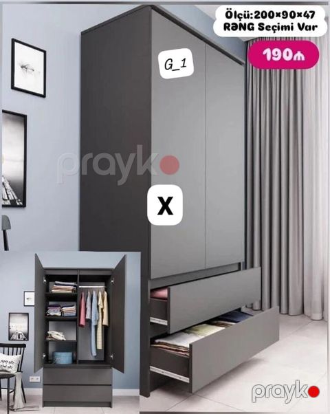 G_1 model paltar dolabı - Ölçü: 200 90 47 sm - Rəng seçimi var — Bakı
