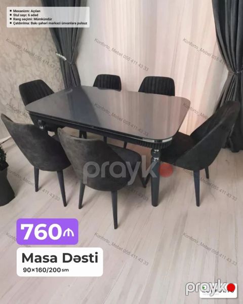 Masa Dəsti – 6 stullu - Ölçü: 90×160/200 sm (açılan mexanizmli masa — Bakı