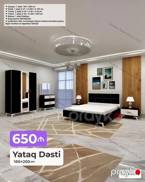 Yataq Dəsti – 160×200 sm Komplekt: - Çarpayı: 1 ədəd, 160×200 sm — Bakı