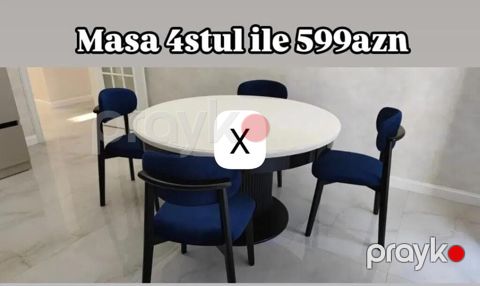 Dəyirmi yemək dəsti: 1 masa + 4 stul - Masa: dəyirmi forma, ağ üst — Bakı