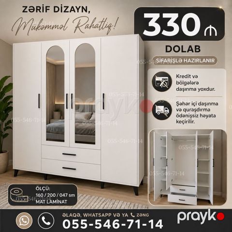 Düz dolab, Yataq otağı üçün, Qarderob, Açılan, Korpuslu, 4 qapılı — Bakı