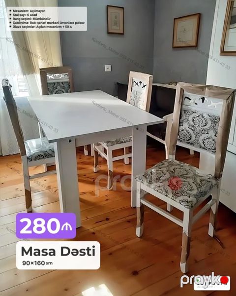 Masa Dəsti – 90×160 sm - Masa: düz, açılmayan mexanizm - Stul sayı: 6 — Bakı