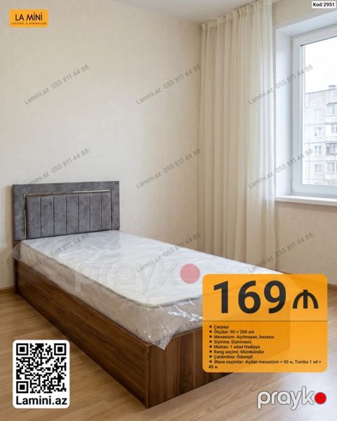 Tək nəfərlik çarpayı – Kod: 2951 - Ölçü: 90 200 sm - Mexanizm — Bakı