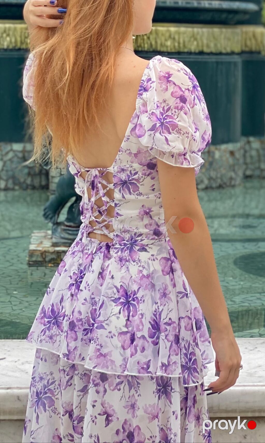 Bənövşəyi çiçək naxışlı qadın paltarı - Stil: Romantik, yaylıq — Toy paltarı, Masazır (2)