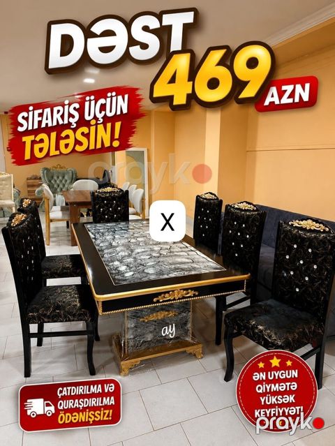Yemək otağı dəsti – 469 AZN Tərkibi: - 1 ədəd düzbucaqlı masa - 6 — Bakı