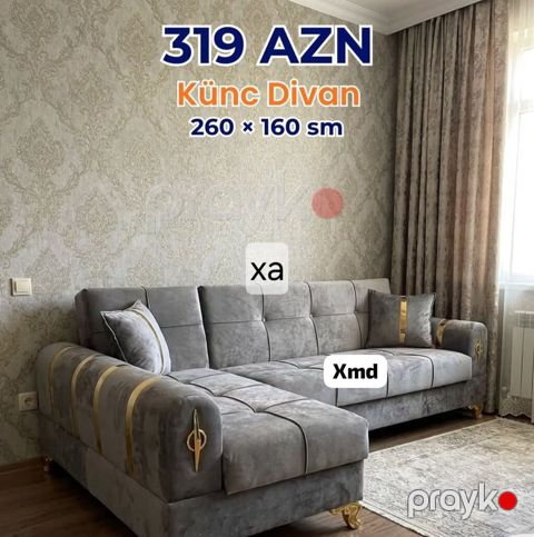 Künc divan – 260 160 sm Qiymət: 319 AZN - Rəng: Boz (qızılı dekor