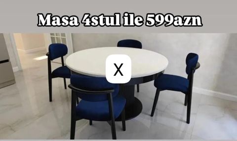 Dairəvi yemək masasının dəsti – 4 stulla birlikdə. - Masa: ağ rəngli — Ucuz serfeli Mebel — Masalar və stullar