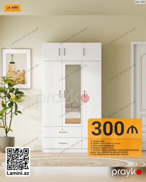 Kod: 1084 3 qapılı dolab - Ölçü: D 47 H 240 E 120 sm - Rəng — Bakı