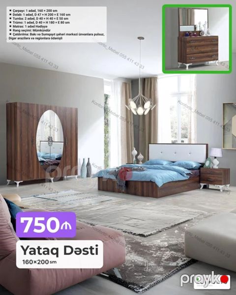 Yataq Dəsti – 160×200 sm Komplektə daxildir: - Çarpayı: 1 ədəd, 160 — Bakı