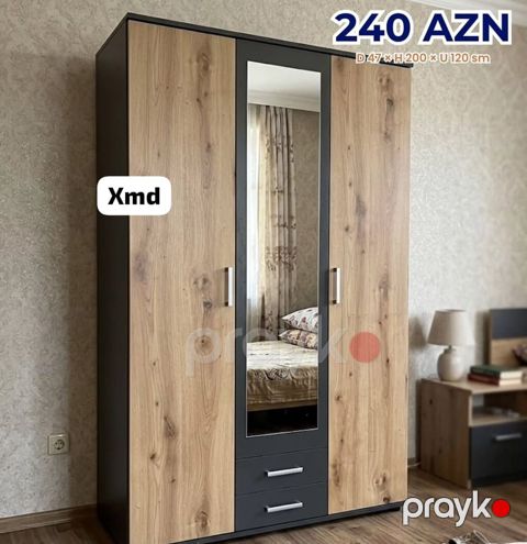 Üç qapılı şkaf – güzgülü model - Ölçülər: Dərinlik 47 sm, Hündürlük — Mehdiabad