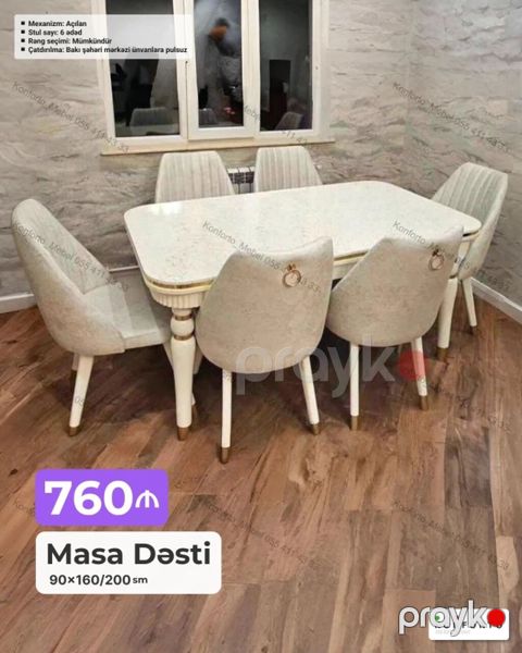 Masa dəsti – 6 stullu Ölçü: 90×160/200 sm Mekanizm: Açılan (uzadıla — Bakı