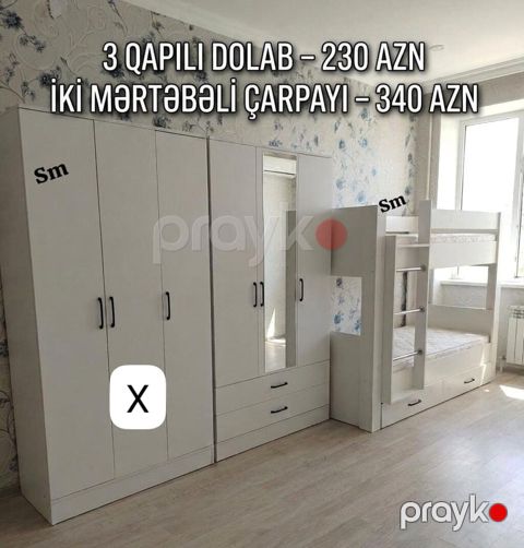 Ağ rəngdə uşaq/yeniyetmə otağı üçün mebel dəsti: - 3 qapılı dolab — Bakı