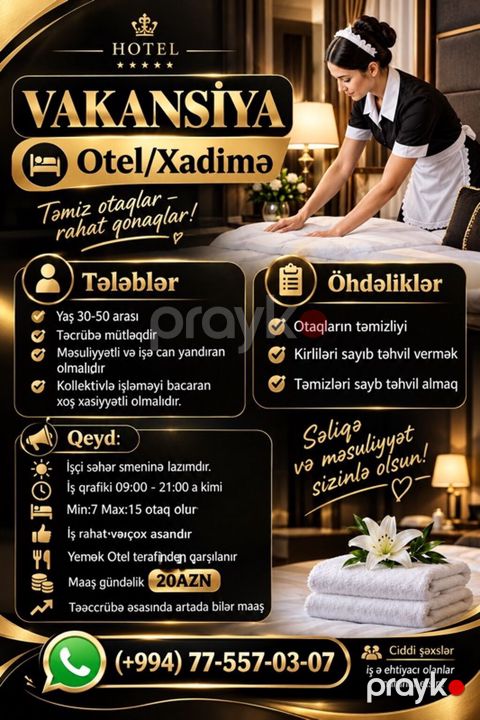Xadimə tələb olunur, Gündəlik ödəniş, 30-45 yaş, 1-2 illik təcrübə — Mehdiabad