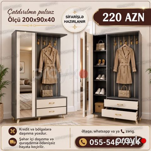 Dəhliz üçün çoxfunksiyalı asılqan-dolab dəsti - Ölçü: 200×90×40 sm — Bakı