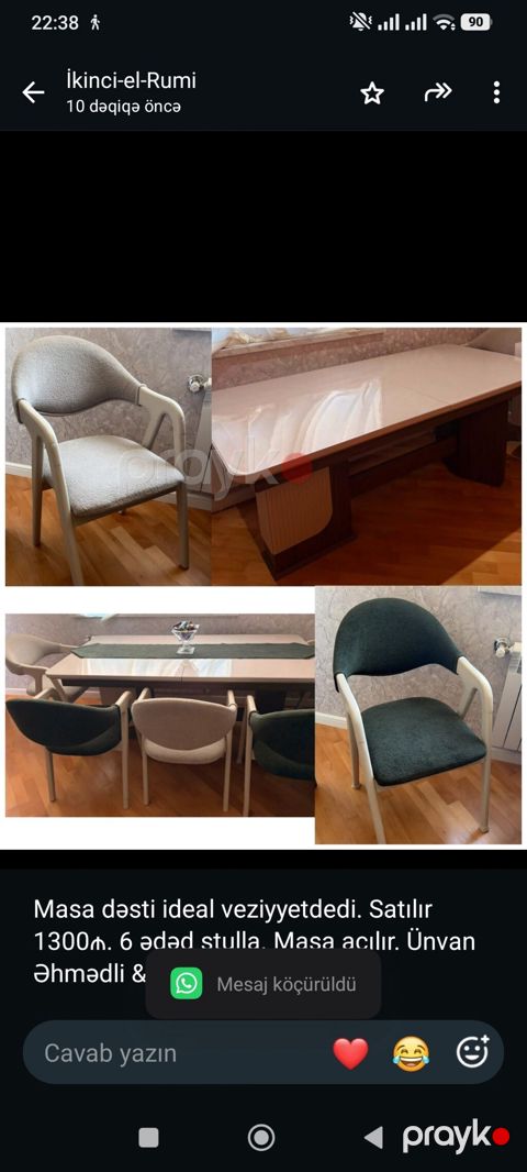 Masa dəsti ideal veziyyetdedi. Satılır 1300₼. 6 ədəd stulla. Masa — Bakı