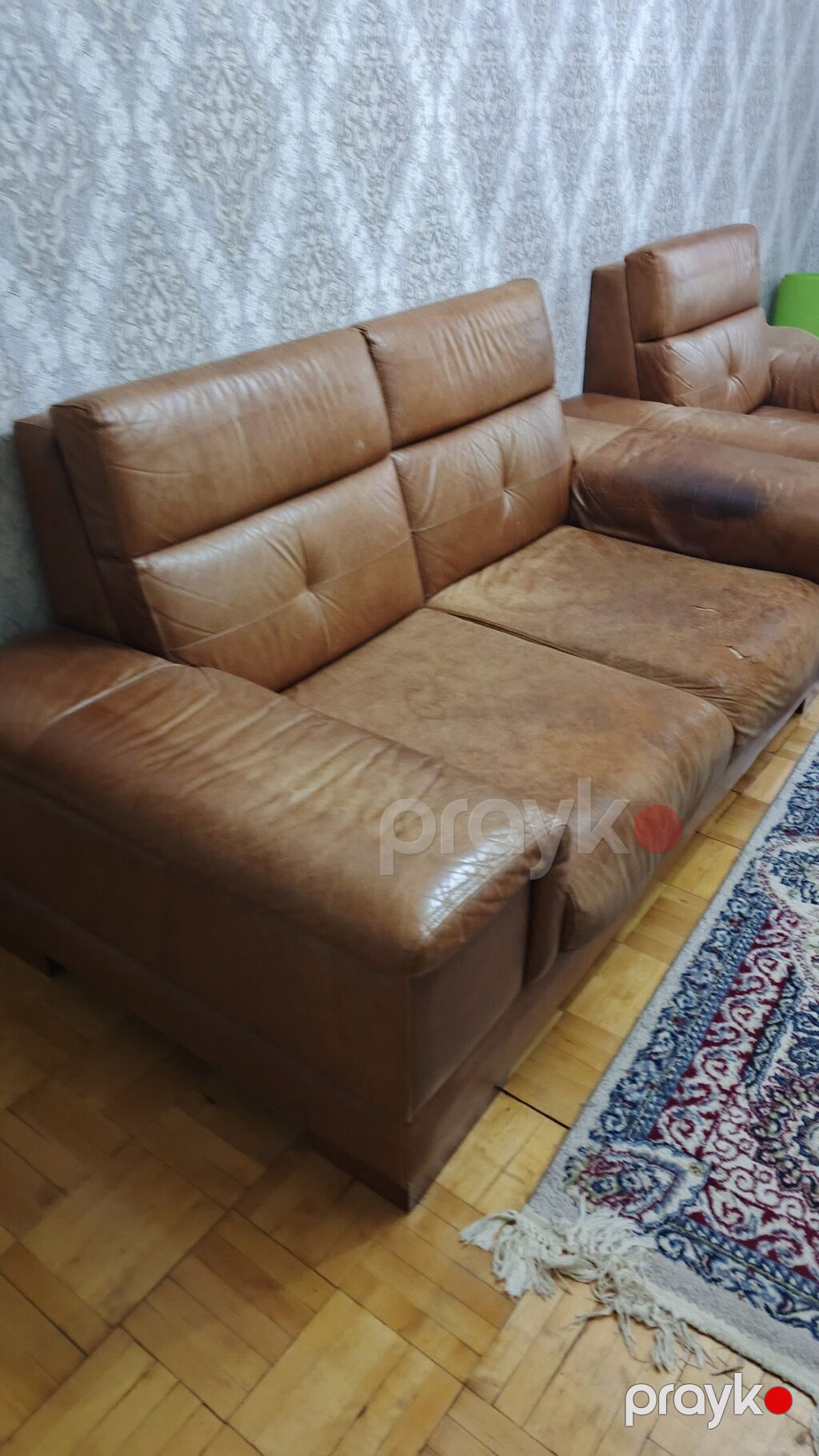 Qəhvəyi rəngdə dəri divan dəsti - Material: təbii dəri üzü, yumşaq — Yumşaq mobilya dəstləri, Masazır (2)