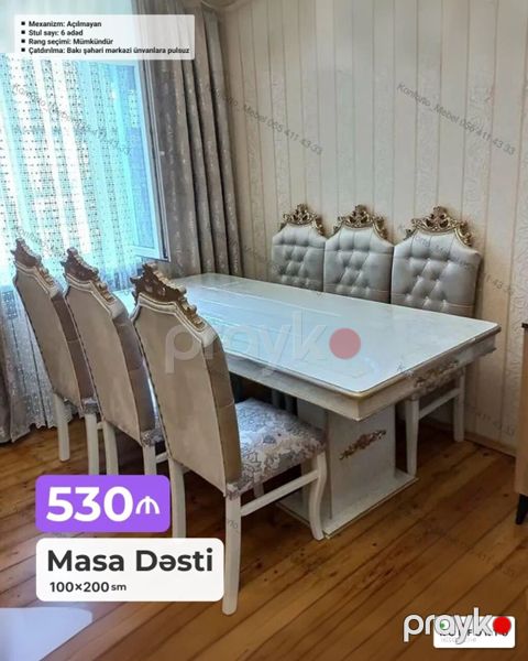 Masa Dəsti – 100×200 sm - Klassik dizaynlı geniş yemək masası və 6 — Bakı