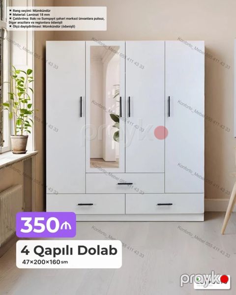 4 qapılı geyim dolabı - Ölçü: 47 200 160 sm - Material: 18 mm — Bakı