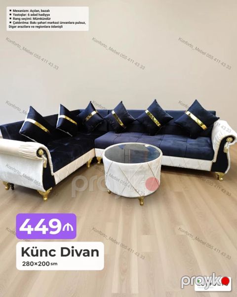 Künc Divan – 280×200 sm - Mexanizm: açılan, bazalı (çəkişmə yeri var) — Bakı