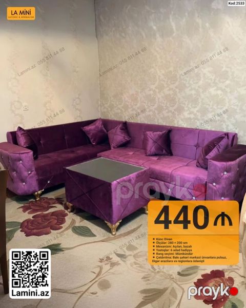 Məhsul: Bənövşəyi rəngli künc divan dəsti - Ölçü: 280 200 sm — Bakı