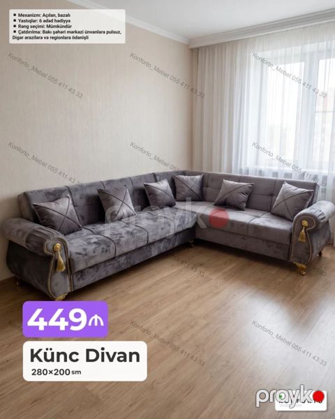 Künc Divan – 280×200 sm - Geniş L‑formal dizayn, yumşaq parça üzlük — Bakı