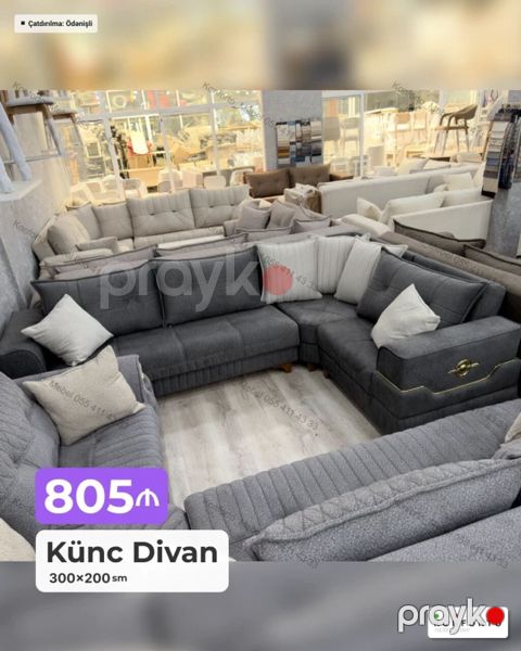 Künc divan – 300×200 sm - Rəng: tünd boz - Forma: L/U tipli geniş — Bakı