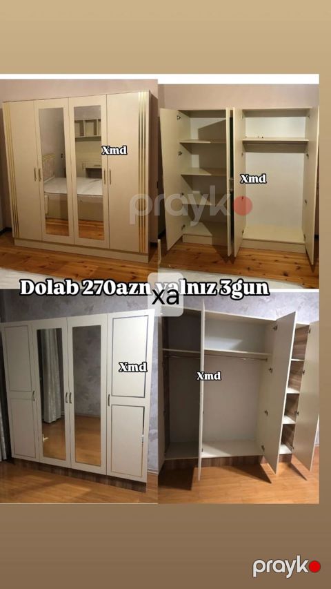 Dördkapılı paltar dolabı - Rəng: krem - Ön hissədə 2 ədəd tam ölçülü — Xırdalan