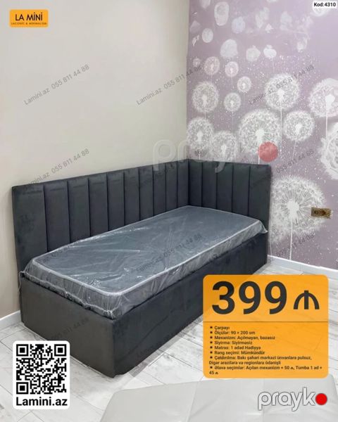 L-künc başlıqlı tək nəfərlik çarpayı - Ölçü: 90 200 sm - Mexanizm — Bakı