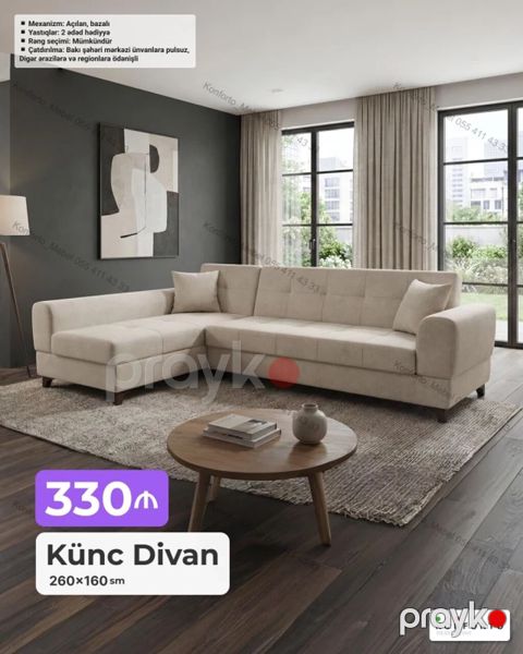 Künc divan – 260×160 sm Xüsusiyyətlər: - Mexanizm: Açılan, bazalı — Bakı