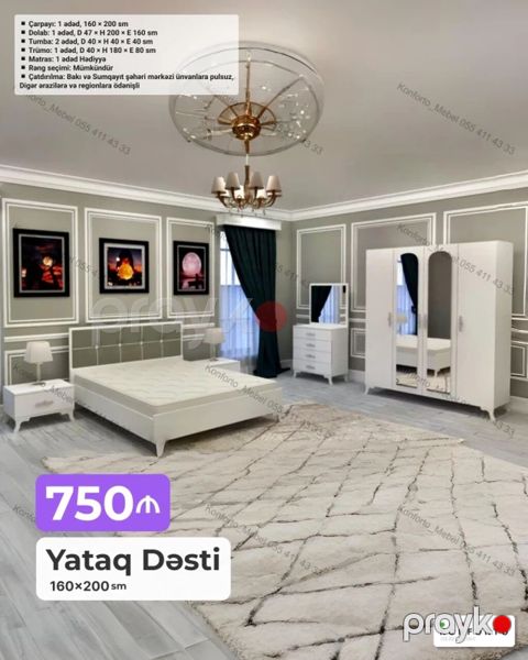 Yataq Dəsti – 160×200 sm Tərkib: - Çarpayı: 1 ədəd, 160×200 sm — Bakı