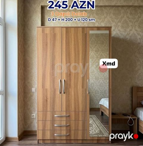 3 qapılı paltar dolabı Ölçülər: - Dərinlik: 47 sm - Hündürlük: 200 sm — Mehdiabad