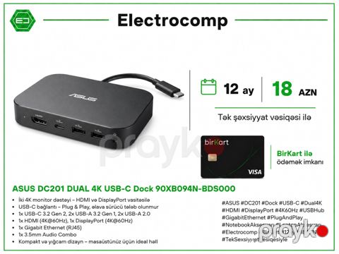 Dock Station ASUS DC201 Dual 4K Usb-c Dock 90XB094N-BDS000 — Bakı