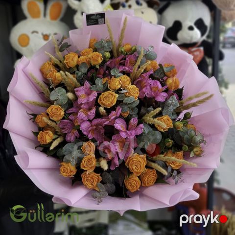 Narıncı Mini Qızılgül və Alstroemeria ilə Rəngarəng Buket — Bakı