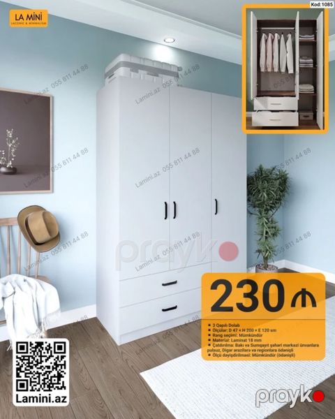 3 qapılı geyim dolabı – Kod: 1085 - Ölçü: D 47 H 200 E 120 sm — Bakı