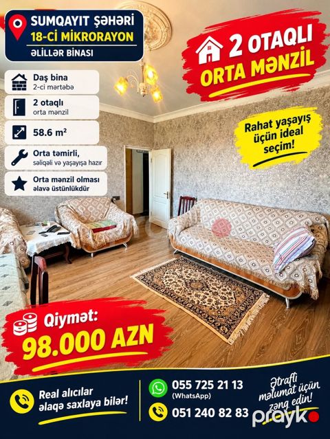 Sumqayıt, 2 otaqlı, Köhnə tikili, 58 kv. m — Sumqayıt