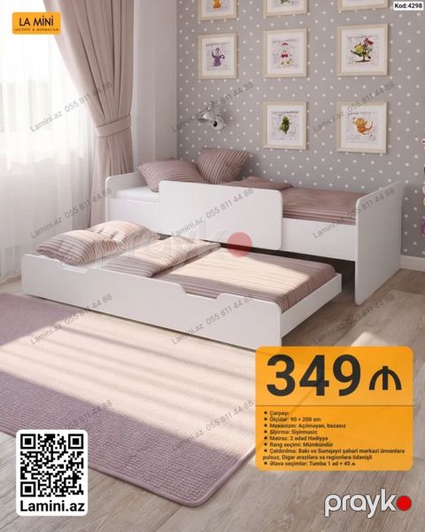 İki mərtəbəli-sürgülü uşaq çarpayısı (LA Mını) - Ölçü: 90 x 200 sm — Bakı