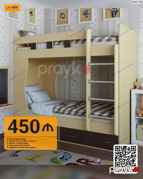 İki mərtəbəli çarpayı – Kod: 2106 - Ölçülər: D 90 H 180 E 200 sm — Bakı