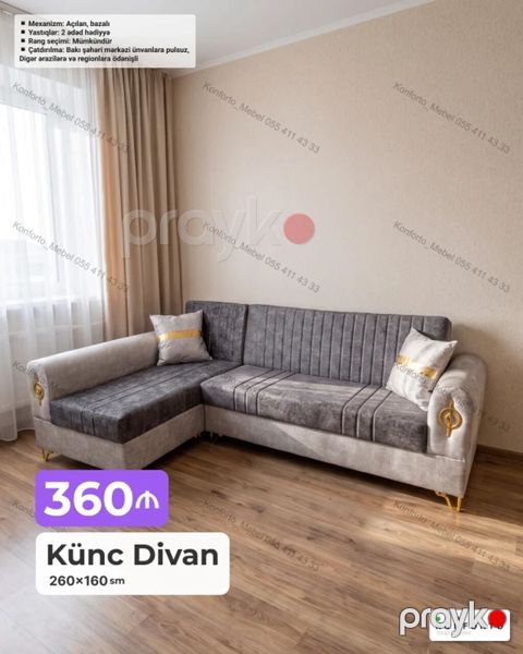 Künc divan – 260×160 sm Xüsusiyyətlər: - Mekanizm: açılan, bazalı — Bakı