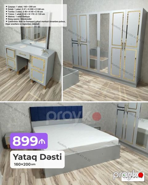 Yataq Dəsti – 160×200 sm Komplektə daxildir: - Çarpayı: 1 ədəd, 160 — Bakı