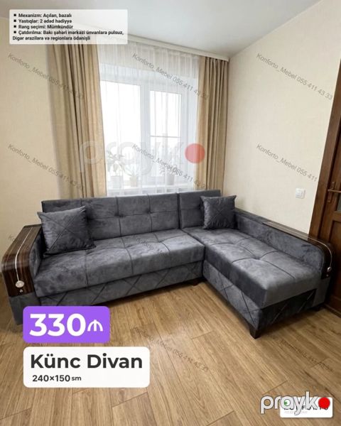 Künc divan – 240×150 sm - Mexanizm: açılan, bazalı (yuxarı qalxan — Bakı