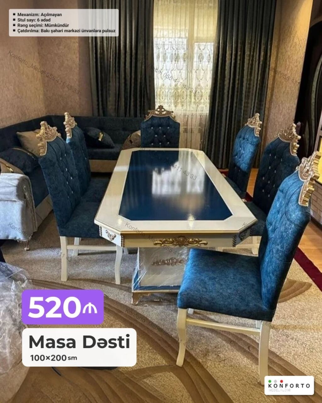 Masa Dəsti – 100×200 sm - Klassik üslubda yemək masası və 6 ədəd stul — Masalar və stullar, Bakı