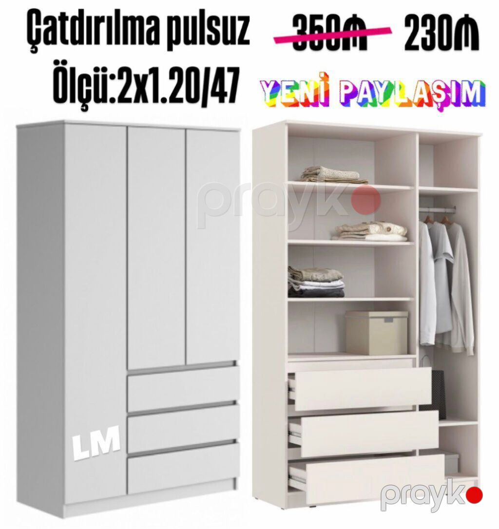 Üç qapılı dolablar təmiz laminatla Qiymət 230₼ Ölçü 2 x 1.20 x — Şkaflar, Bakı (2)