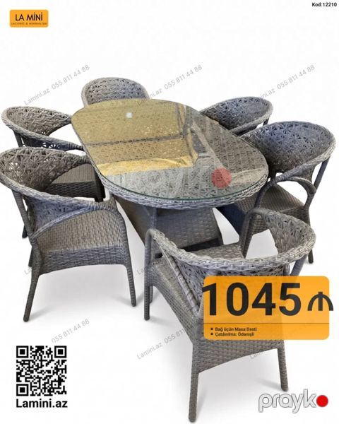 Bağ üçün masa dəsti - 8 parçalı dəst: 1 ədəd oval formalı şüşəüstlü — Bakı