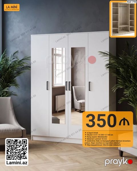 4 qapılı dolab – Kod: 1794 - Ölçülər: D 47 H 200 E 160 sm - Rəng — Bakı