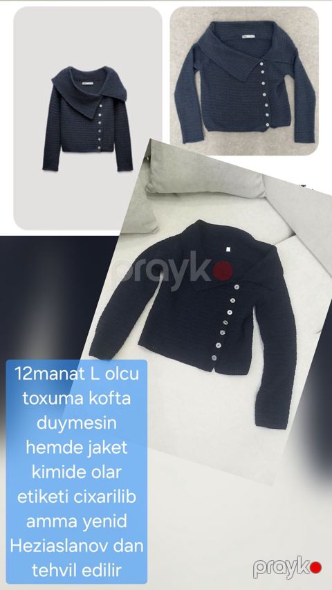 L ölçülü toxuma kofta. Tünd rəngdə, uzunqollu modeldir. Ön hissəsi yan — Bakı