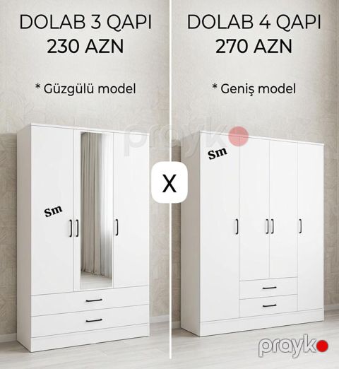 Ağ rəngdə funksional paltar dolabları - 3 qapılı model – güzgülü: 230 — Bakı