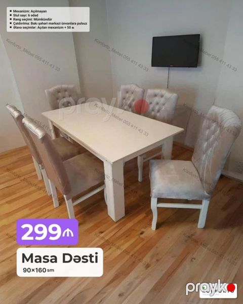 Masa Dəsti – 90×160 sm Komplekt: 1 masa + 6 stul Mexanizm — Bakı