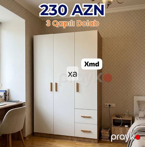 3 qapılı dolab – 230 AZN - Sadə və zərif dizayn: ağ ön panellər, ağac — Xırdalan