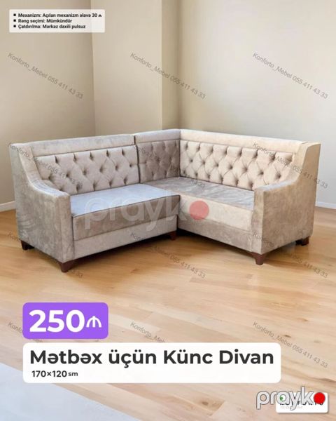 Mətbəx üçün Künc Divan – 170×120 sm - Dizayn: Klassik kapitone arxa — Bakı
